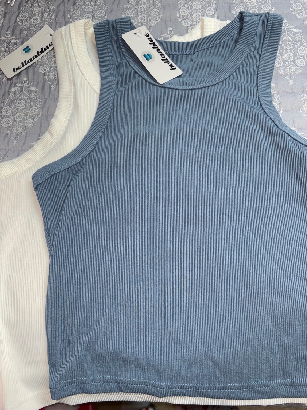 BellanBlue Ribbed Tank Top Pair — Dusty Blue & White